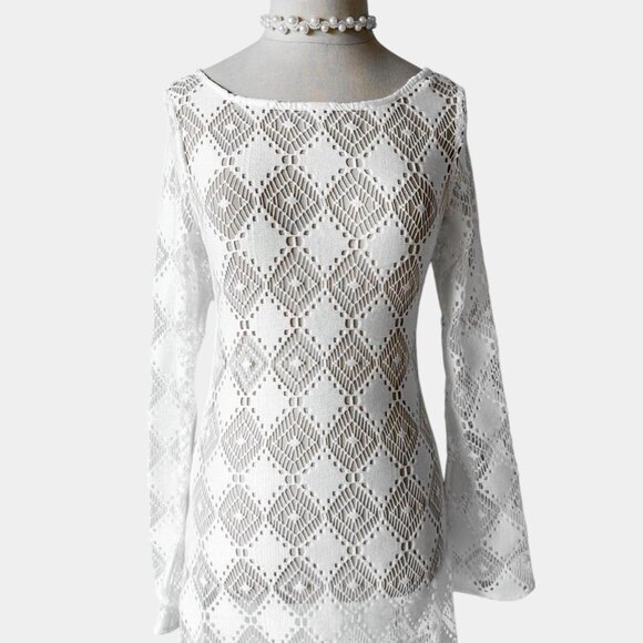H&M White Crochet Sheer Long Sleeve Side Slit Maxi Bodycon Beach Dress Size XS/S - Picture 6 of 8